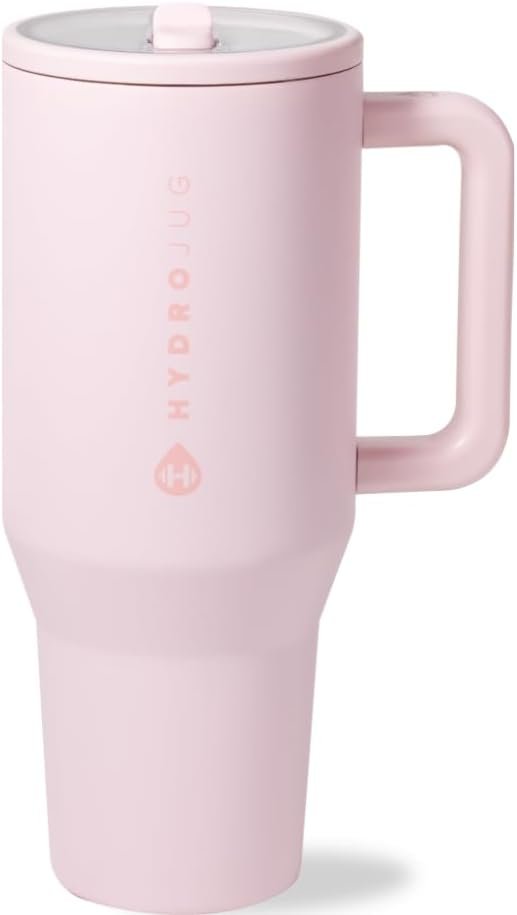 HydroJug Traveler – 32 oz Water Bottle with Handle & Flip Straw – Fits in Cup Holder, Leak Resistant Tumbler-Reusable Insulated Stainless Steel & Rubber Base – Gifts for Women & Men, Pink Sand