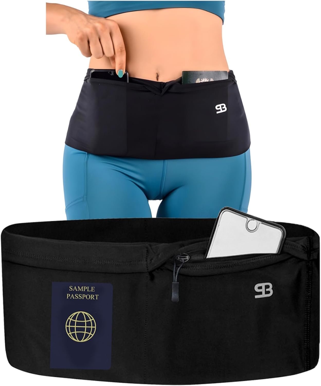 StashBandz No-Bounce Running Belt for Women & Men – Phone Holder Fits All Phones, 4-Pocket Slim Fanny Pack with Zipper – Travel Money Belt Waist Pack for Running & Workout