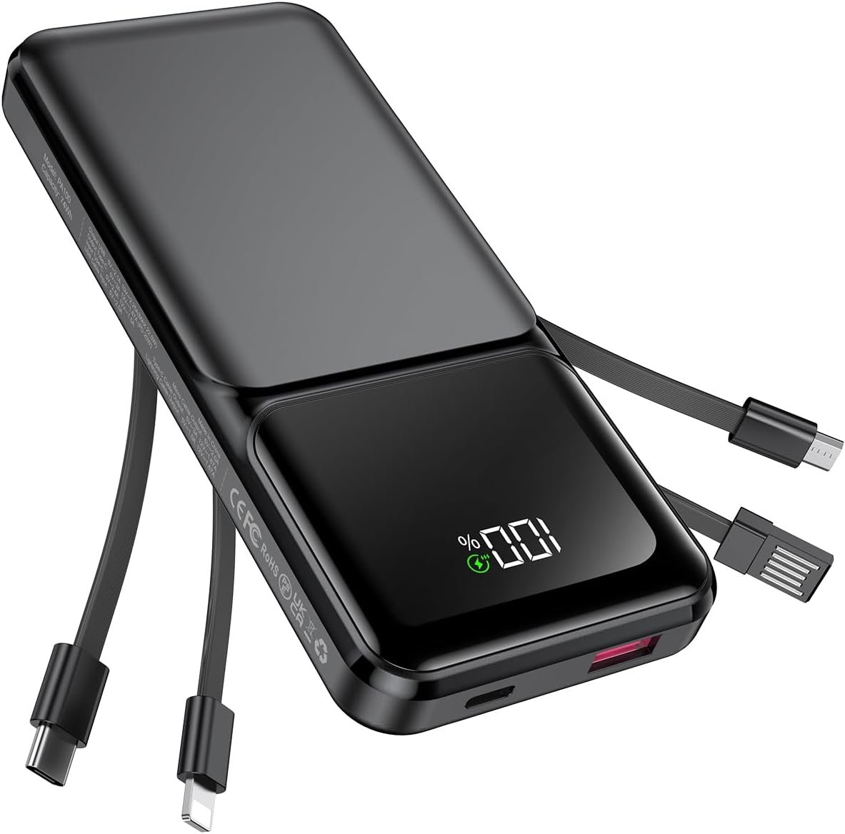 RONEGN Portable Charger with Built in Cable -20000mAh Fast Charging Power Bank USB C Slim 22.5W LED Display Battery Pack 5 Outputs & 3 Inputs for Travel Essentials iPhone Samsung Phones Black