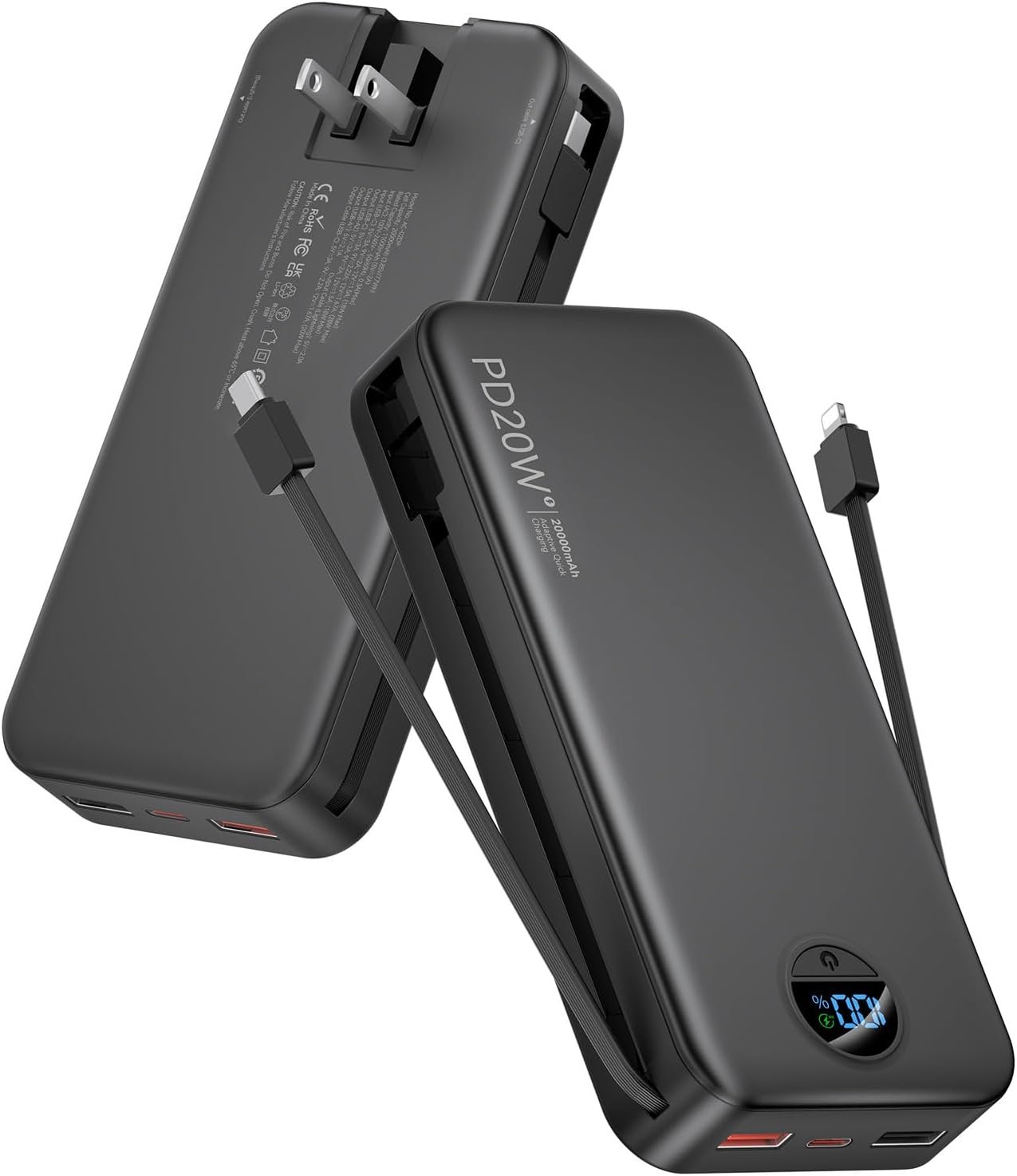 citicr Portable Charger 20000mAh PD20W w/Built-in Cables & Wall Plug Black