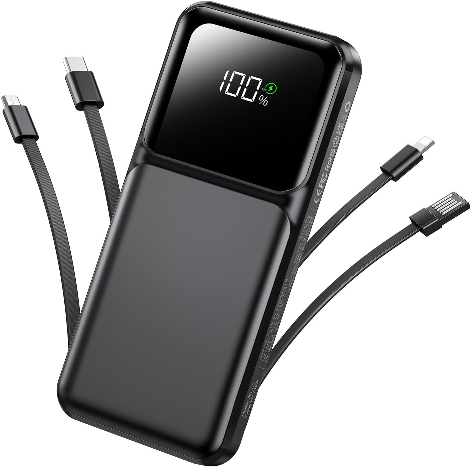RONEGN Portable Charger Power Bank with Built in Cable 20000mAh | 22.5W USB C Fast Charging Battery Pack for iPhone Android, Slim, LED Display,5 Outputs & 3 Inputs,Travel Essentials