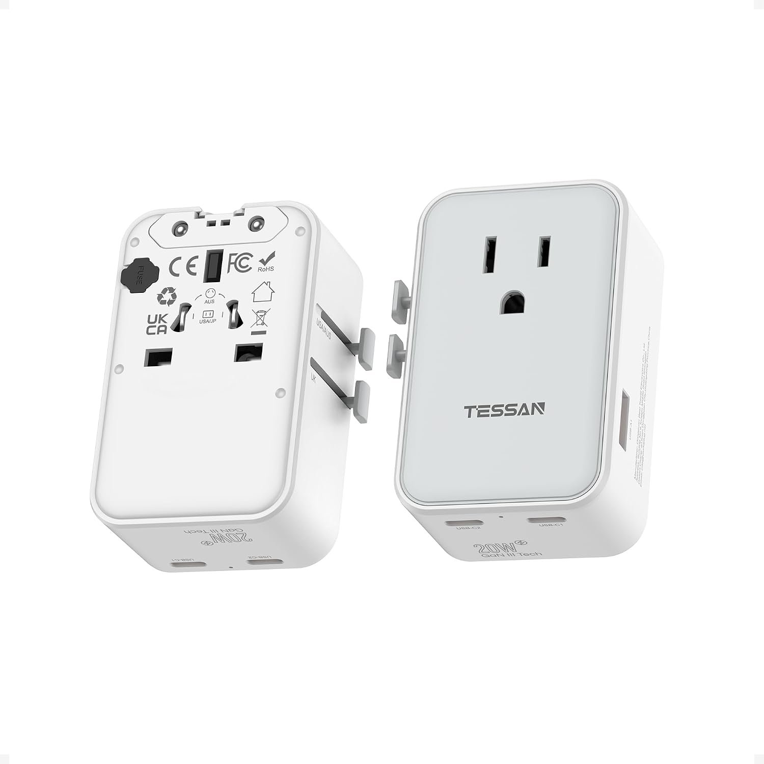 TESSAN Universal Travel Adapter 20W, Ultra Slim International Power Adapter with 2 USB-C 1 USB-A, Travel Plug Adaptor Worldwide for US to European UK Spain Italy England New Zealand (Type C G A I)