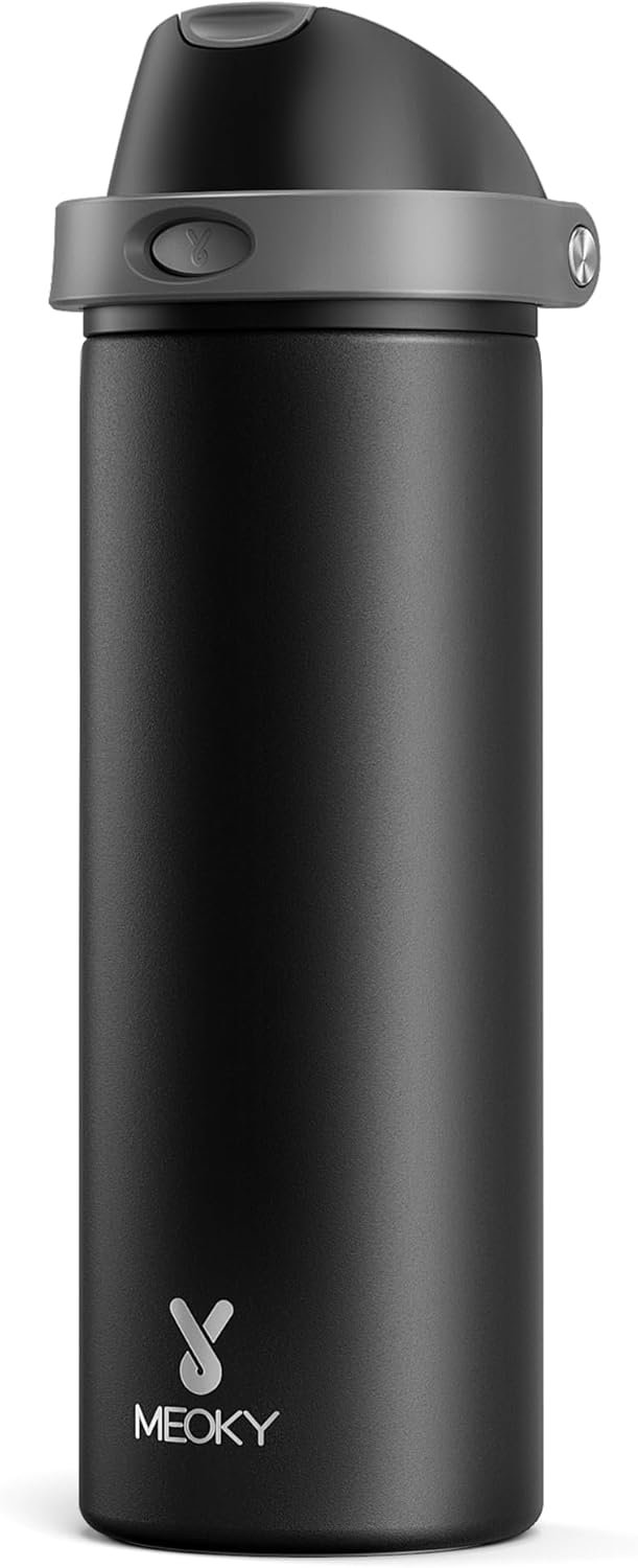 24 oz Insulated Water Bottle for Sports: Meoky Stainless Steel Water Bottle with 2-in-1 Straw and Spout Lid – Leak Proof, Cold for 24 Hours, Fits in Car Cup Holder, BPA-Free for Travel Gym, Night