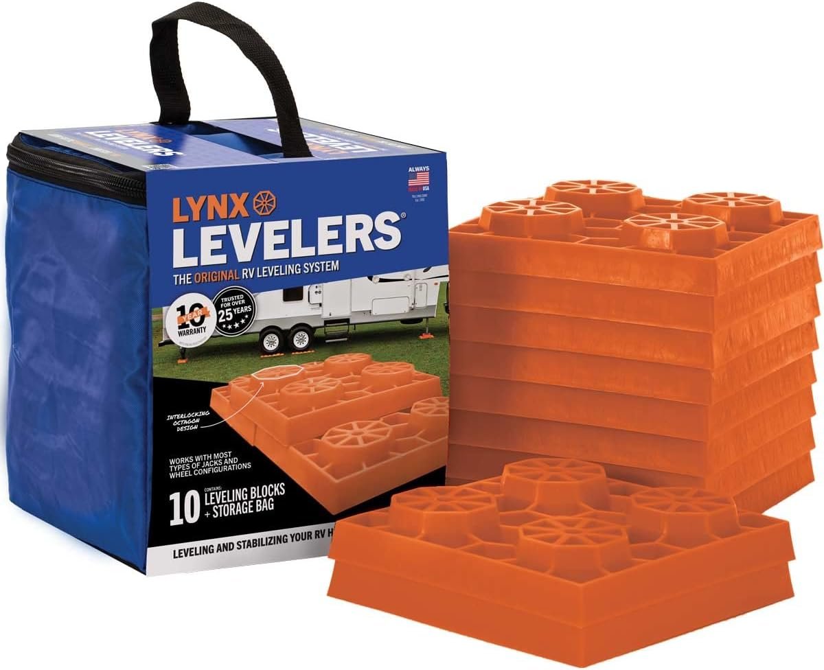 Tri-Lynx Lynx Levelers RV/Trailer/Motorhome/Vanlife interlocking Leveling Blocks with Nylon Storage Bag for most Leveling and Stabilizing functions. 10 Pack, Orange, 00015, Made in USA.
