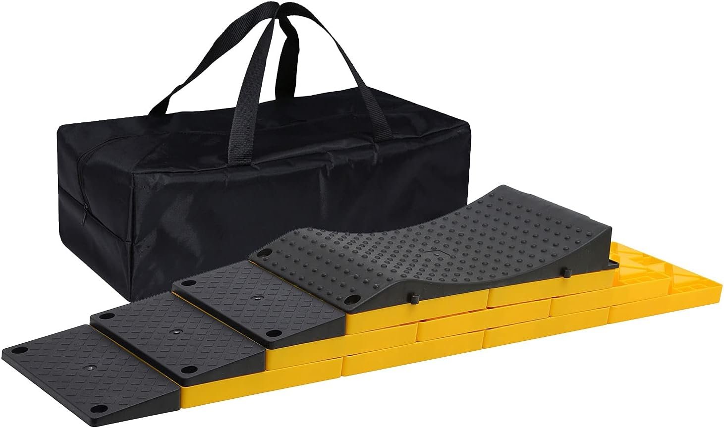 Homeon Wheels RV Leveling Blocks, Heavy Duty 9 Packs Camper Leveling Blocks with 4 Blacks Leveling Pads Prevent Yellow Black with Ramp Wheel Chokes