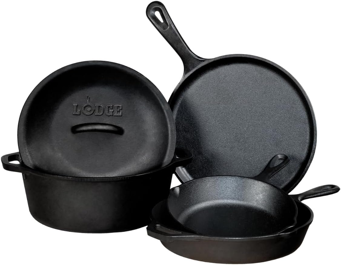 Lodge Cast Iron Set – 5-Piece Set – Pre-Seasoned Kitchen Set – Skillets, Griddle & Dutch Oven Included – PFAS-Free Non-Toxic Cookware