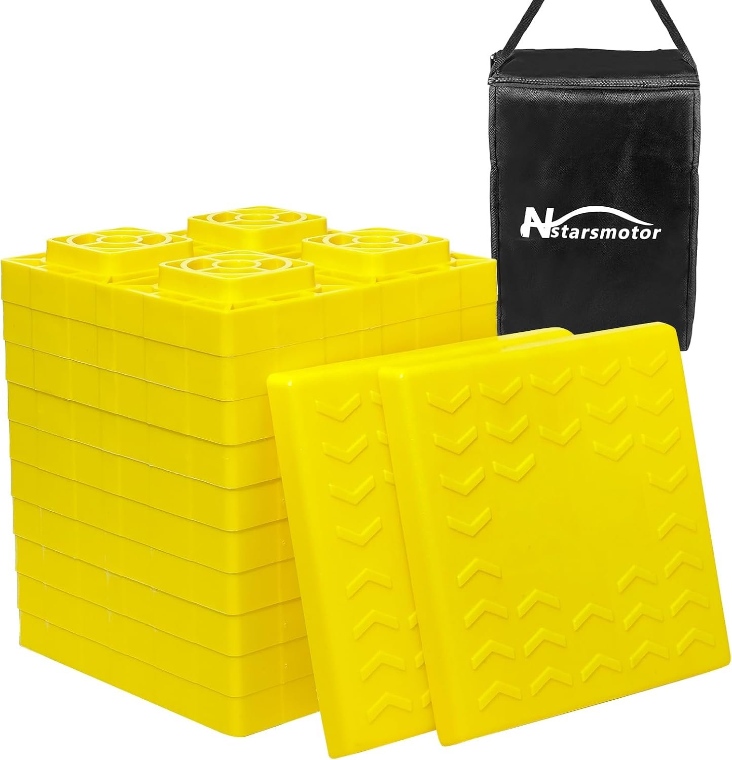 RV Leveling Blocks 12 Pack, Interlocking Stabilizer Jack Pads | Durable interlocking Camper Leveler, adjustable height, with carry bag for single & dual axle wheels 8.6″ x 8.6″ x 1.5″