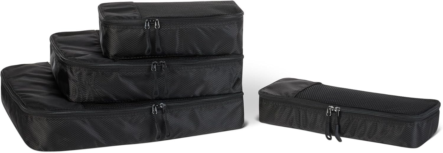 Amazon Essentials 4-Piece Space-Saving Packing Cubes Travel Accessories Set, Luggage Organizer with Double Zipper, Mesh Top, Small/Medium/Large/Slim, Black (Previously Amazon Basics)