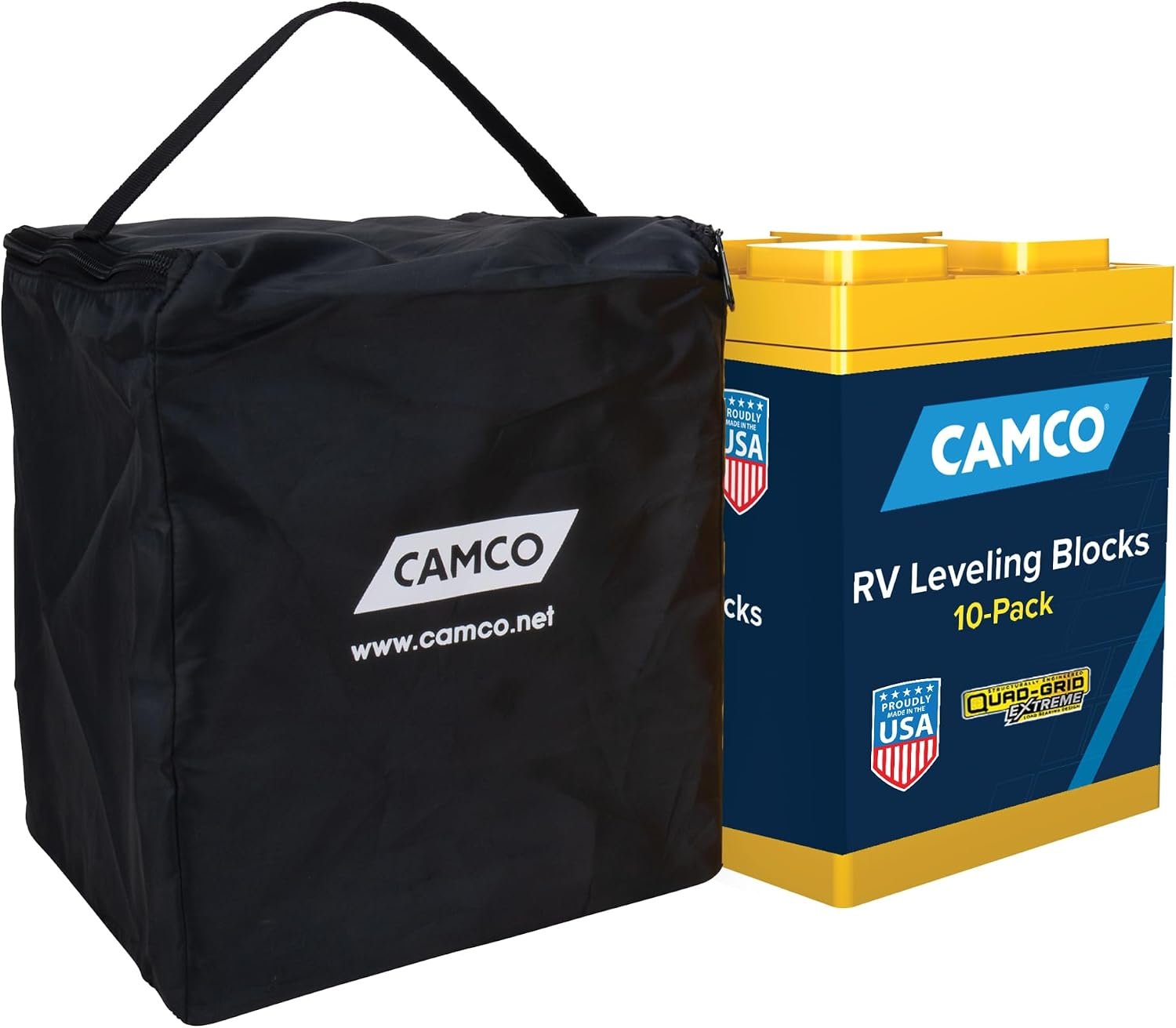 Camco RV Leveling Blocks – Features Interlocking Nested Design & Storage Bag for RV Storage and Organization – Each Leveling Block Measures 8.5″ x 8.5″ x 1″ – 10-Pack, Design May Vary (44510)