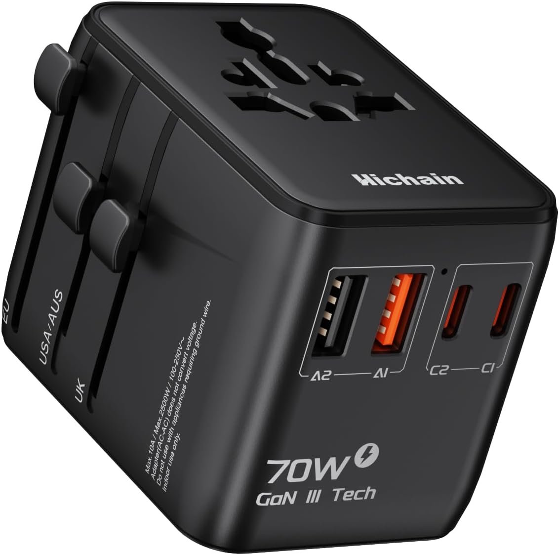 Hichain 70W GaN Universal Travel Adapter, European Travel Plug Adapter 2 USB-A & 2 USB-C Fast Charging Travel Adapter All-in-one International Power Adapter for USA EU UK AUS Travel Essentials Black