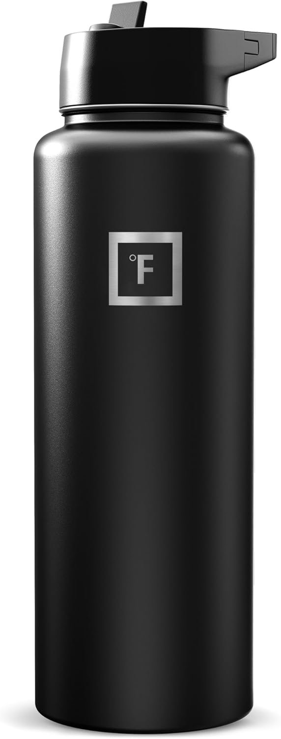 IRON °FLASK Camping & Hiking Hydration Flask with Straw, Wide Mouth Insulated Stainless Steel Sports Water Bottle – 40 oz Midnight Black