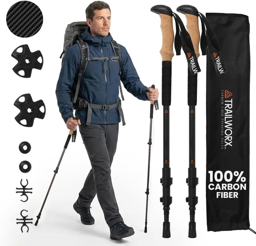 3K Carbon Fiber Trekking Poles, Collapsible Set of 2 Lightweight Adjustable Hiking Poles 24.5″-54″ with Cork Grip, Tungsten Carbide Tips, Black, Includes Carry Bag, Snow & Mud Baskets