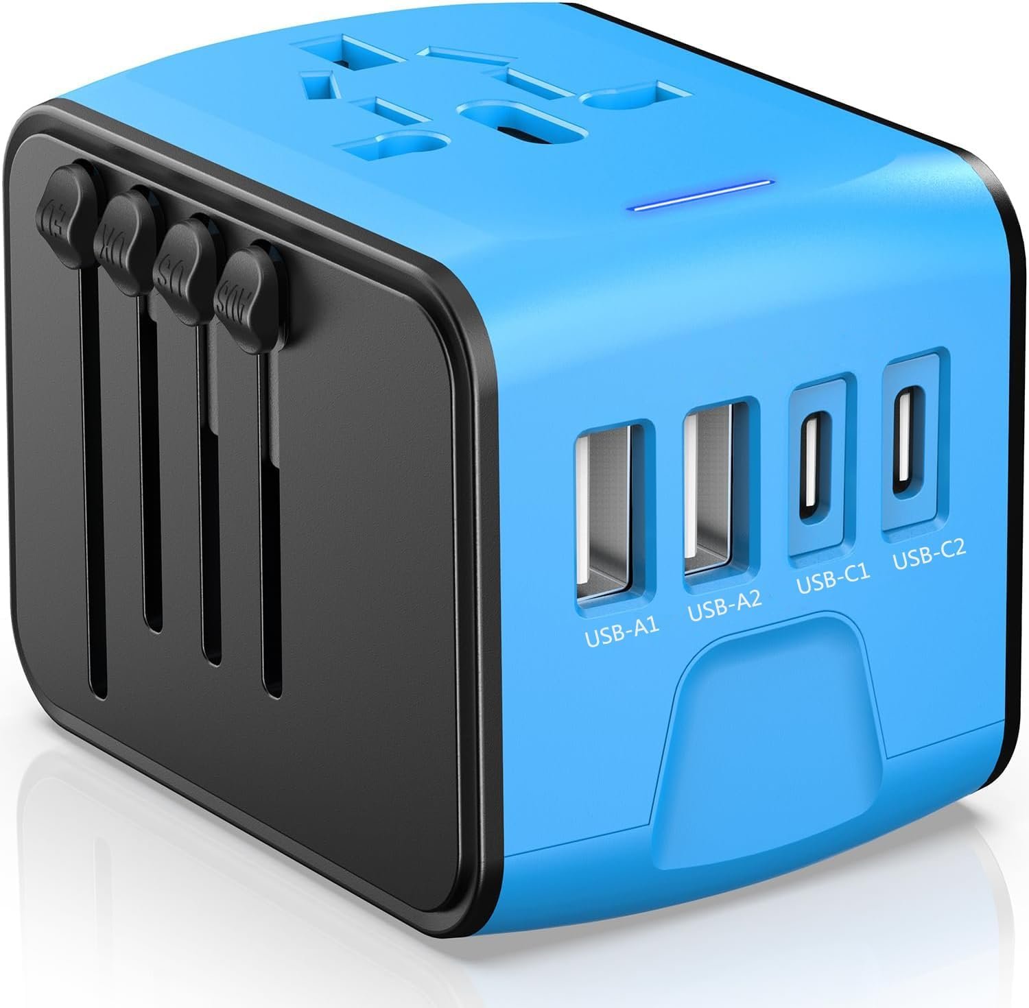 JMFONE Universal Travel Adapter, 4 USB C/A Ports & 2500W AC Outlets, All-in-One International Power Plug Adapter for All USB Devices, Worldwide Travel Charger for Europe US UK AU 200+ Countries (Blue)