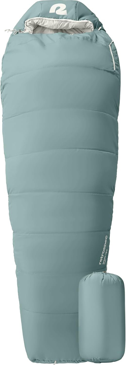 Retrospec Dream Mummy Sleeping Bag – 5, 15, & 30°F Cold Weather Camping & Travel Essential Gear with Water – Resistant Shell & Synthetic Fill – Zippered Pocket & Stuff Sack