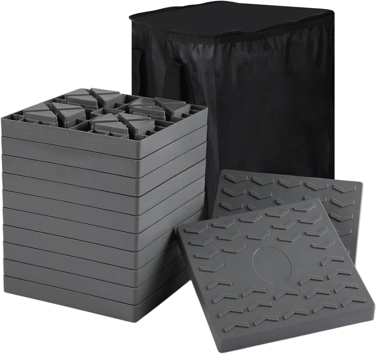 RV Camper Leveling Blocks 12-Pack, Heavy-Duty Interlocking Anti-Slip Stabilizer Blocks with Carry Bag for Car SUV RV Trailer & Motorhome, Gray