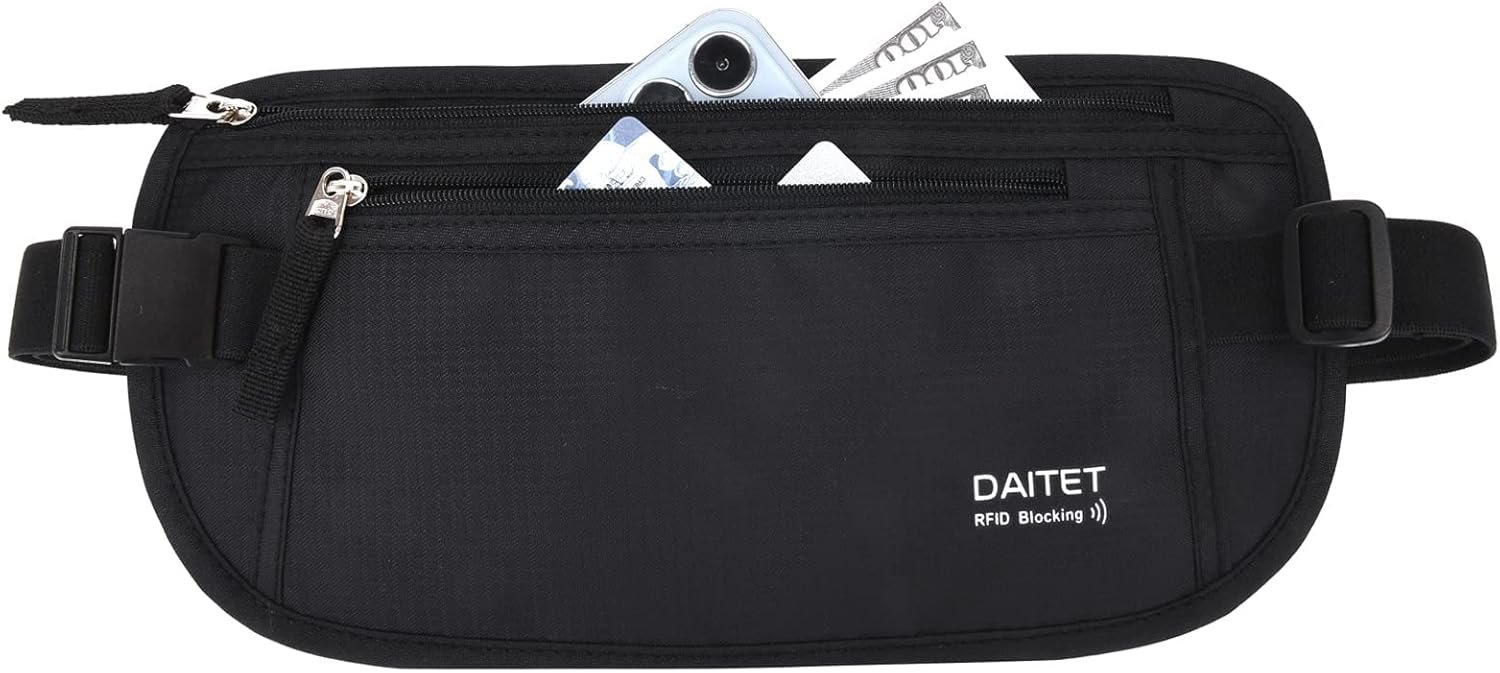 Money Belt – Passport Holder Secure Hidden Travel Wallet with RFID Blocking, Undercover Fanny Pack (Black)