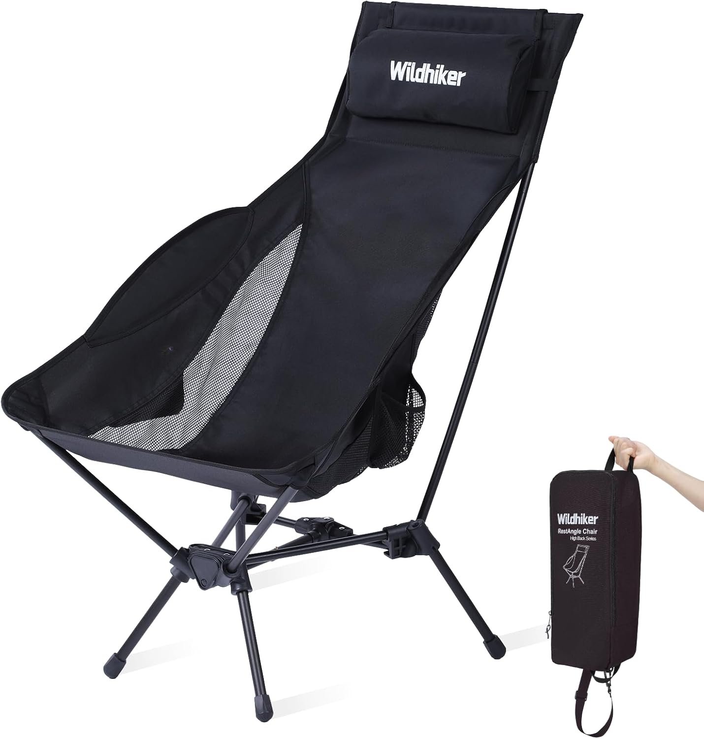 Wildhiker Portable Compact Folding Camping Chairs – Lightweight High Back with Pillow, Deep Recline, ArmPads, Side Pockets-for Motorcycle, RV, Backpacking, Travel, Festival – Black