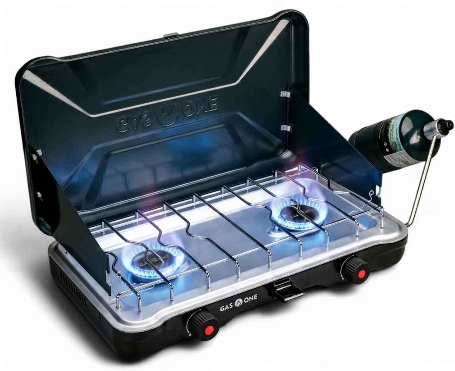 GasOne PS-2500MBA Portable Camping Stove – Double Propane Stove with Auto Twist Turn Ignition – 22,000 BTU Camping Cooktop with 2 Burners and Wind Guard – Ideal for Tailgating, Fishing, Travel
