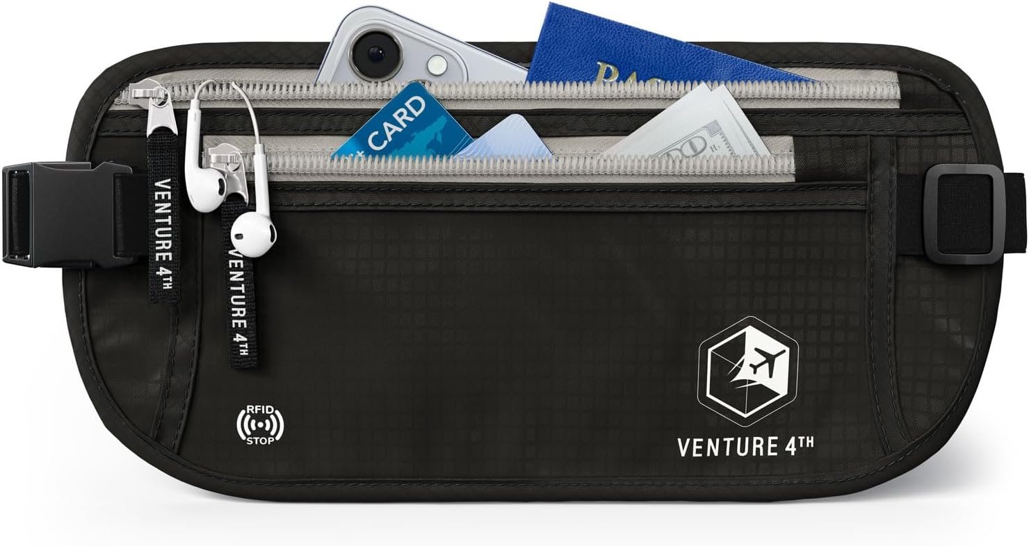 VENTURE 4TH Money Belt for Travel – Slim Hidden Under-Clothes RFID Blocking Anti-Theft Passport Holder & Travel Wallet Pouch for Men & Women to Protect Cash, Cards & Documents (Black)