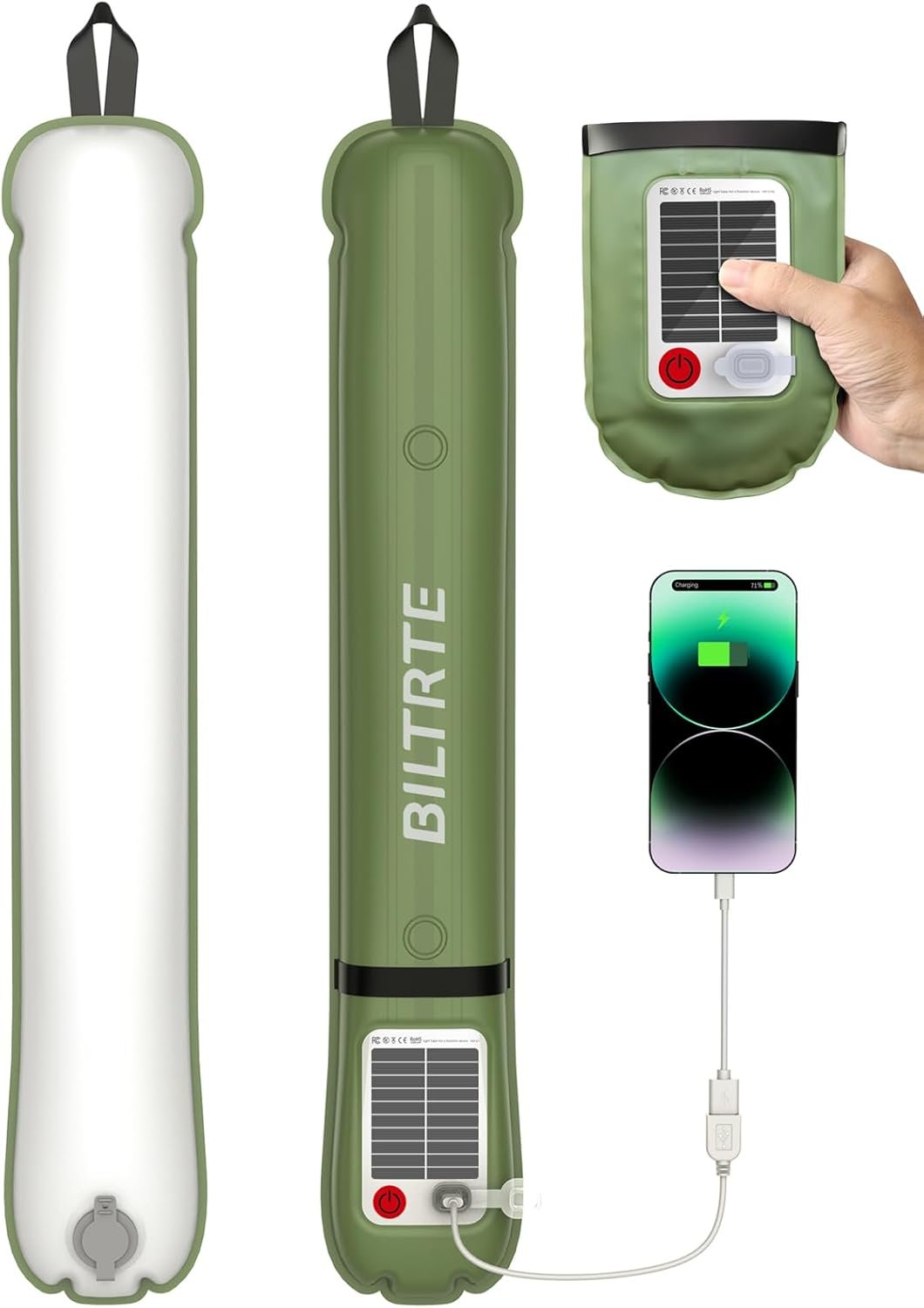 24″ Inflatable Solar Camping Lantern,Magnetic LED Tube Light with USB-C 2000mAh Phone Charger,IP66 Waterproof TPU Tent Light for Hurricane Emergency,Backpacking & Off-Grid Survival (Green)