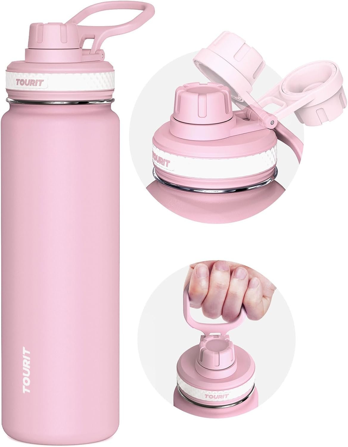 TOURIT 24 oz Insulated Water Bottle, Stainless Steel Water Bottles With Handle, Double-Wall Vacuum Sports Water Bottle, BPA Free Leakproof Water Bottle, Pink