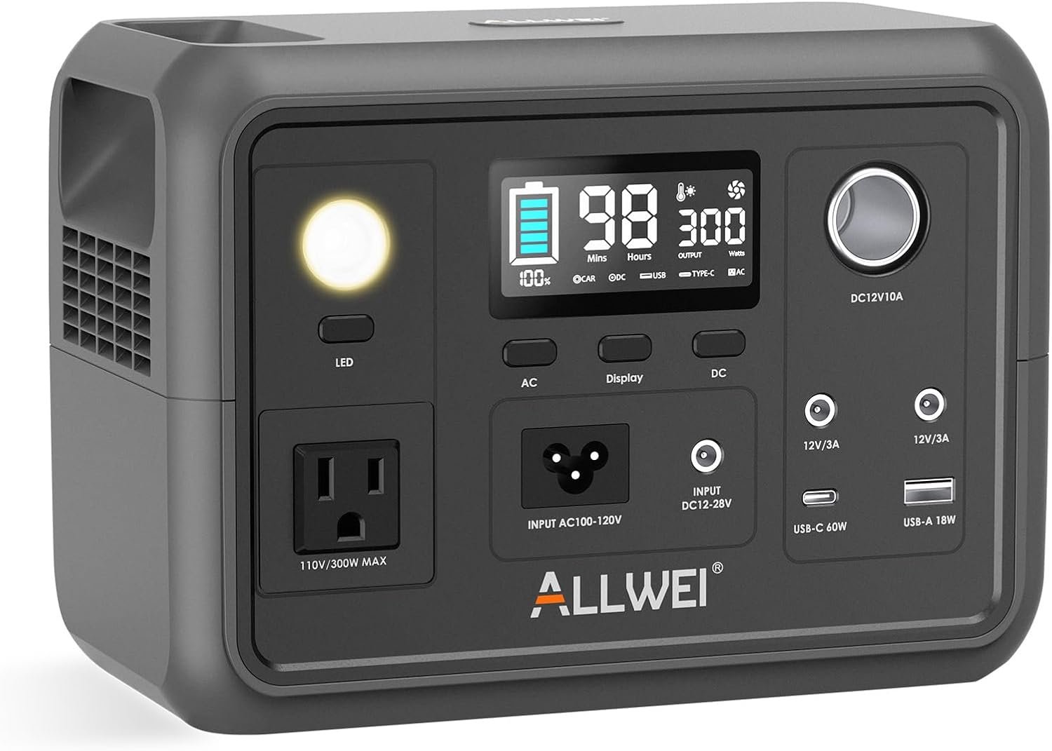 ALLWEI Portable Power Station 300W, 256Wh Solar Generator with 110V Pure Sine Wave AC Outlet,6 Output Ports,Backup LiFePO4 Battery Generator for Camping Outdoor Emergency Home (Solar Panel Optional)
