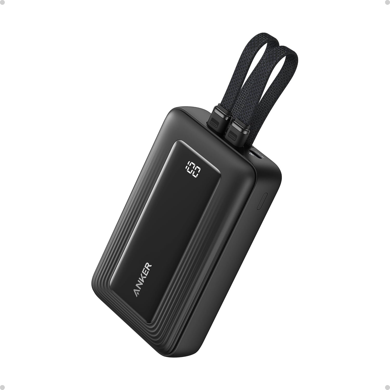Anker Power Bank, 20,000mAh 30W Max Fast Portable Charger with Built-in USB-C and MFi Certified Lightning Cables, USB-C&A, Battery Pack for iPhone 17/16/15/14 Series, MacBook, Galaxy