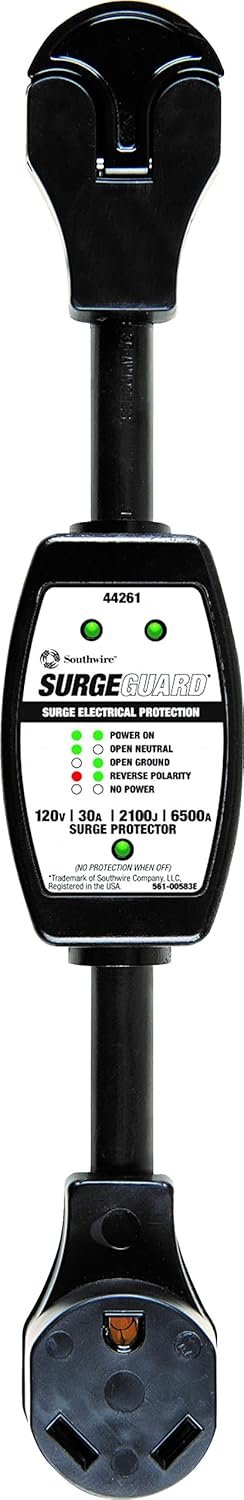 Southwire Surge Protector 120V 30AMP P&R – RV Surge Protector – 30 Amp RV Surge Unit – Circuit Tester – LED Voltage Monitor – Black – Campground Power Safety