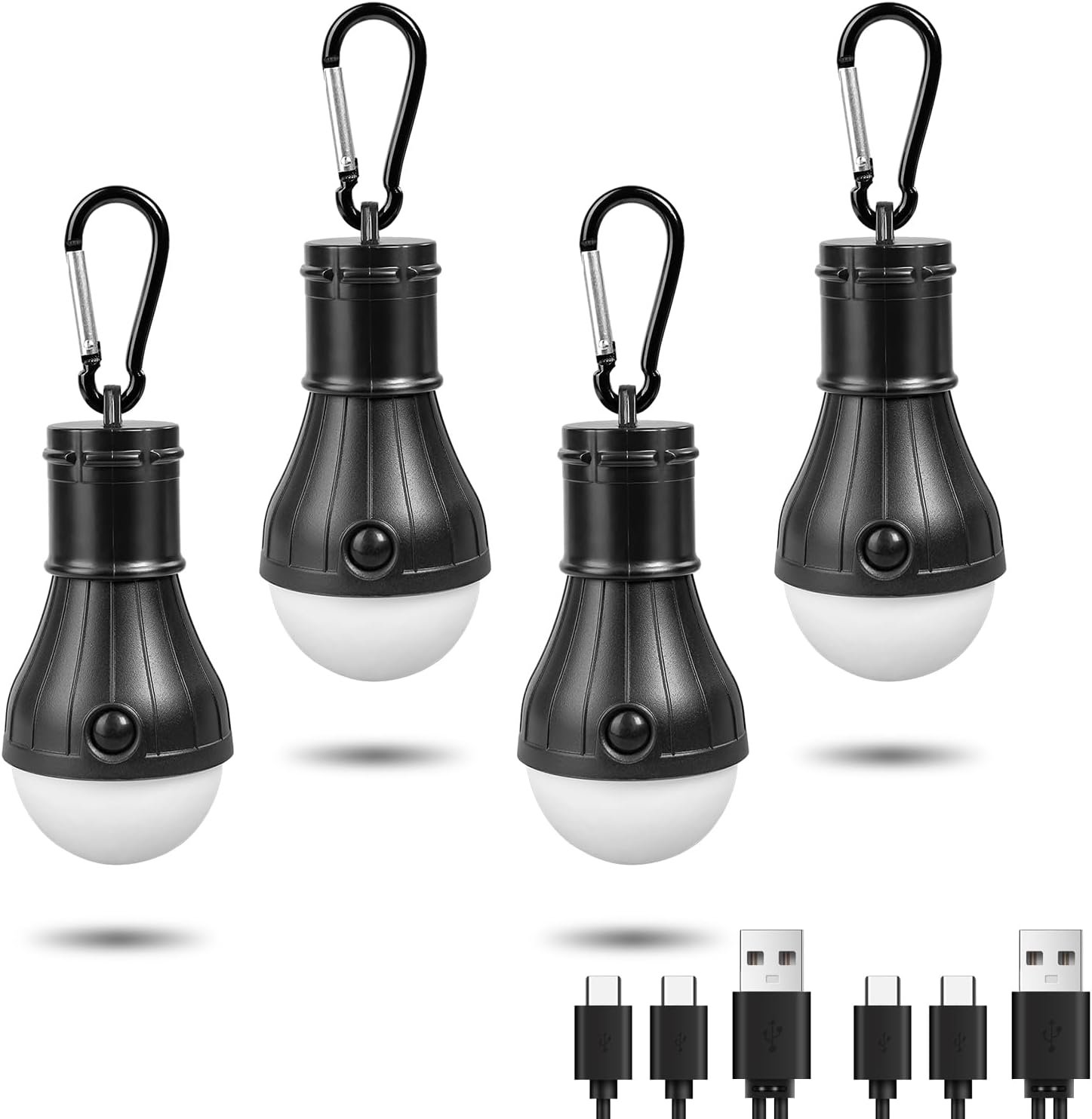 Jarxin Led Camping Lantern USB Rechargeable,Outdoor Tent Lights for Camping Hanging,Kids with Clip Hook Camping Flashlight (4 Packs Black)