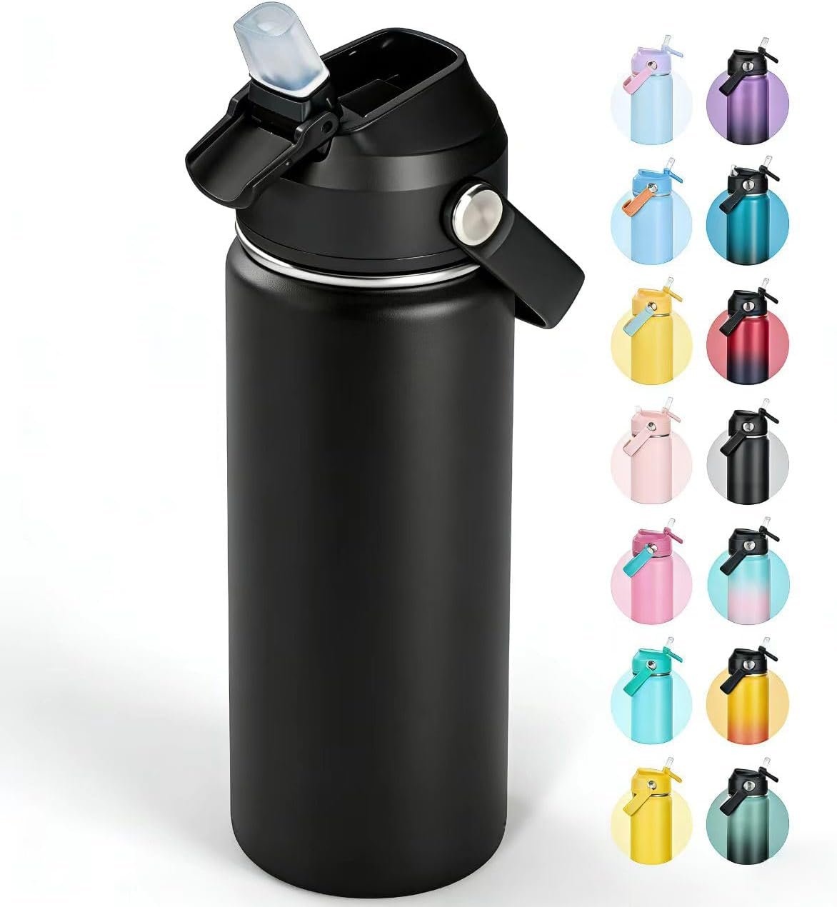 Fijinhom 18oz Insulated Stainless Steel Water Bottle, Wide Mouth Double Wall Vacuum, Silicone Straw, Sweat & Leak Proof, BPA Free Insulated Water Flask for Travel, Keep Cold 24h Hot 12h, Black