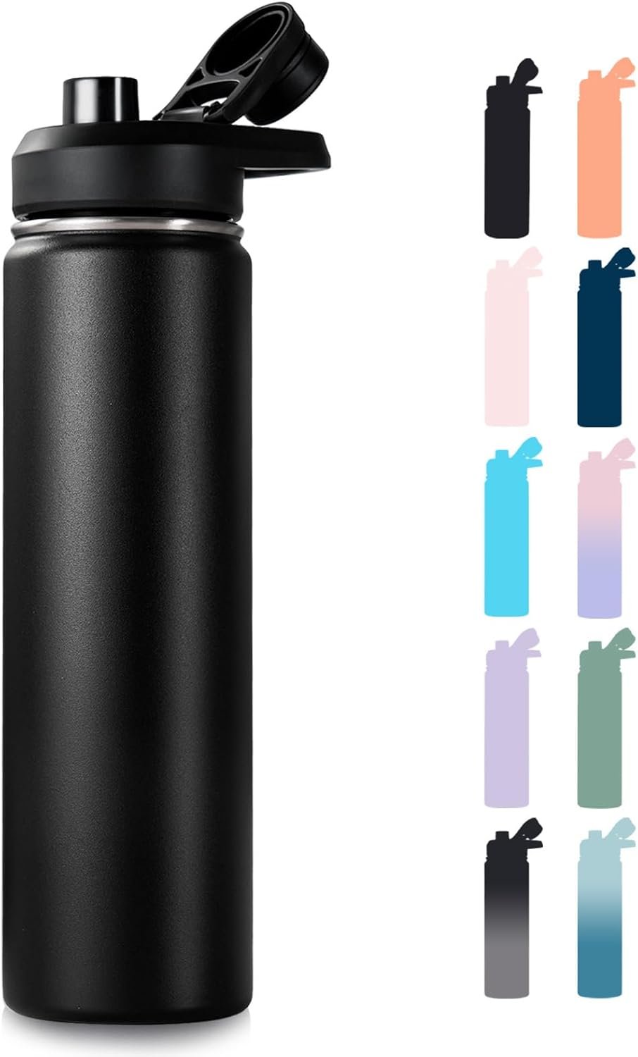 Fijinhom 24 oz Insulated Water Bottle with Handle, 304 Stainless Steel Water Bottles with Wide Mouth, Double Wall Vacuum Sports Water Bottle, BPA Free, Keep Cold and Hot, Black | with Handle