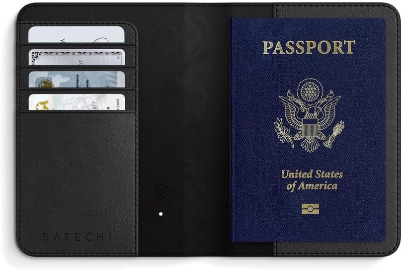 Satechi Passport Holder for Travel with Find My, Passport Cover with 4 Card Holder, Wireless Charging, and RFID protection – Travel Essential Vegan Leather Passport Holder – Black