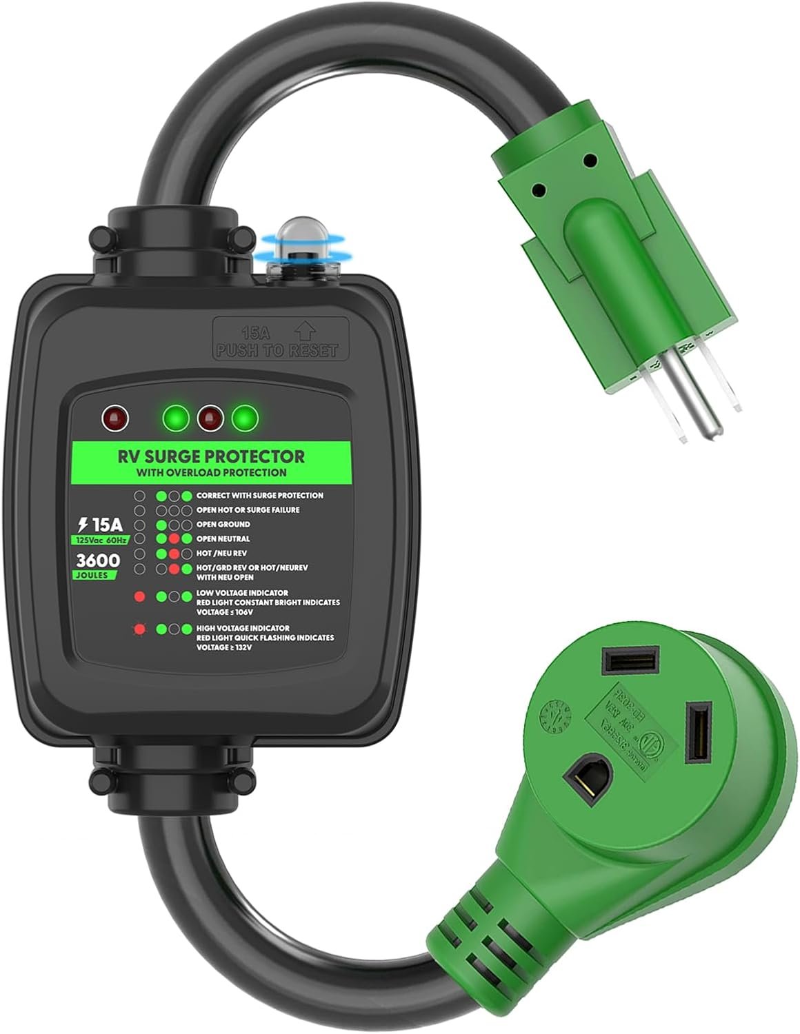 RVGUARD Surge Protector 30 Amp to 110 Volt RV Adapter Cord with Overload Protection, NEMA 5-15P to NEMA TT-30R Electrical Power Adapter, 2 Feet, Green, ETL Listed
