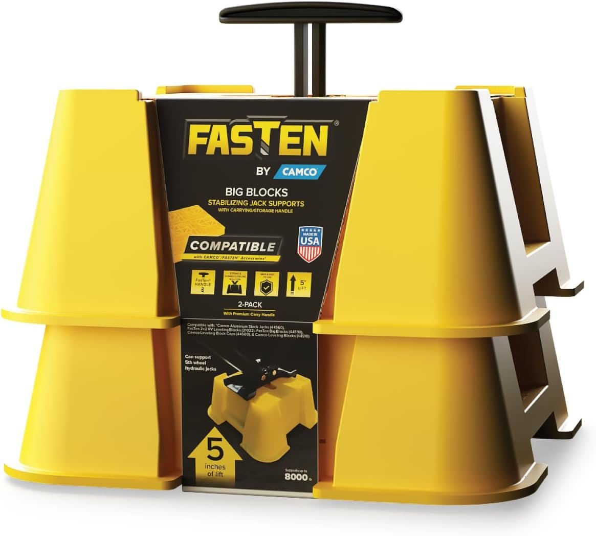 Camco FasTen RV Leveling High-Gain Base – Nesting Design for RV Storage – Convenient Carry Handle – Compatible w/Square RV Leveling Blocks and RV Jacks – Supports Up to 8,000lbs, 2-Pk (44539)