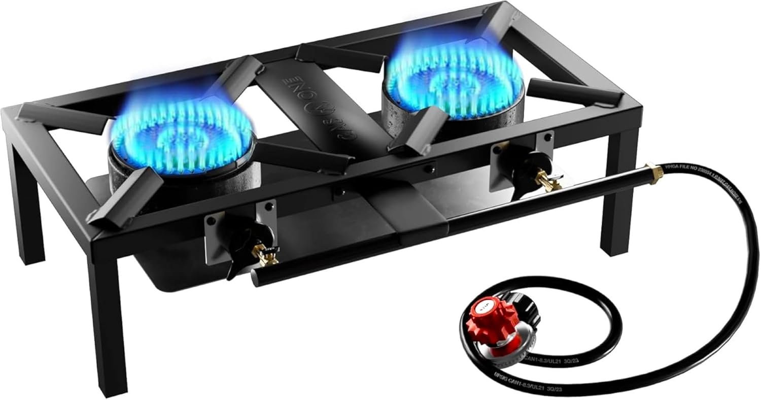 GasOne High Pressure Double Propane Burner – Outdoor Cooking with Heat Shield and Guard – Propane Burner Head for Camping, Tailgating, Seafood Boil, Home Brewing – Patent Pending