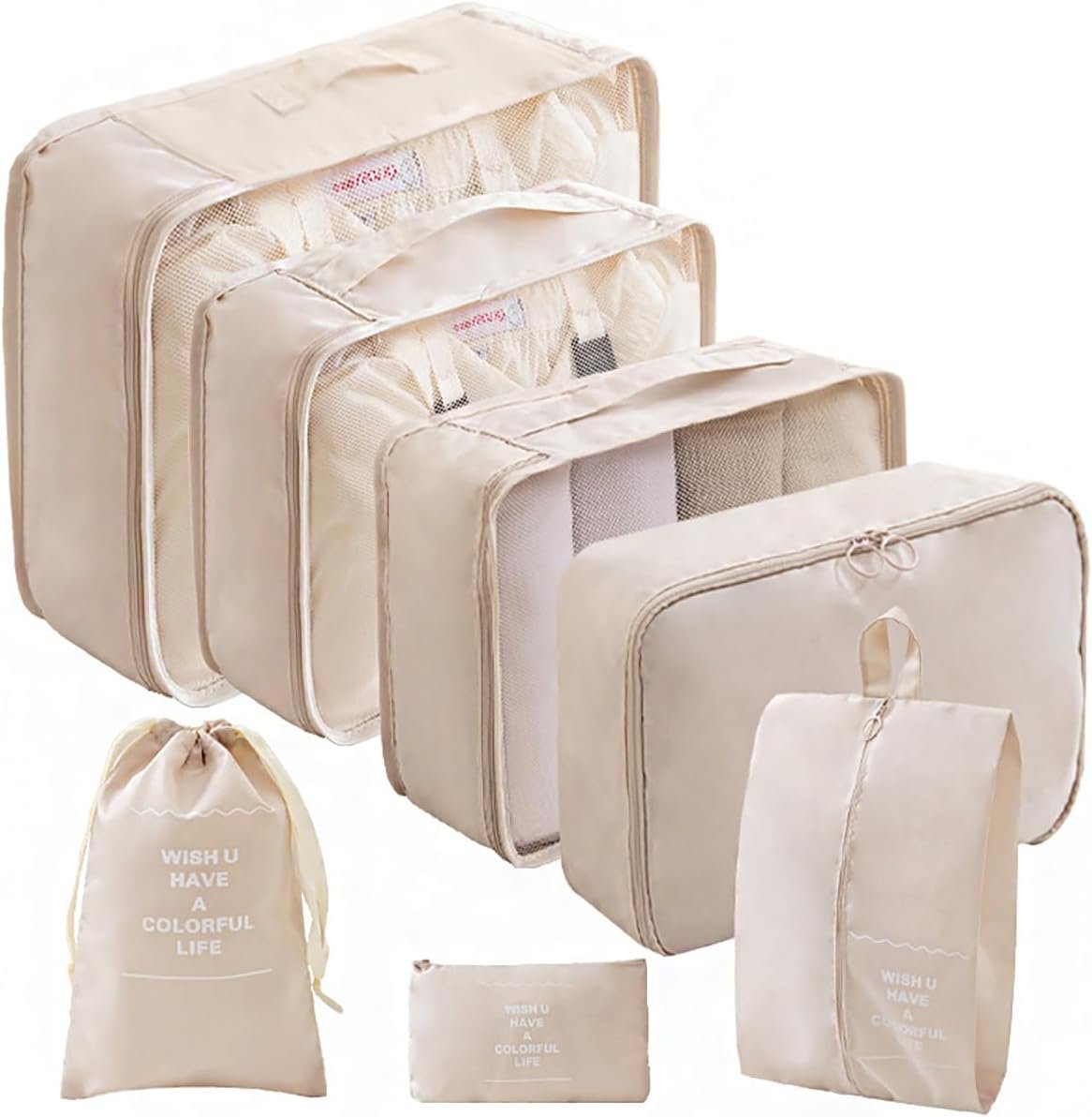 Packing Cubes for Travel – 7 Set Luggage Organizer Bags for Family, Mesh Breathable Travel Packing Cubes for Suitcases Durable Essentials Bags Set with Large Toiletries Bag(Beige)
