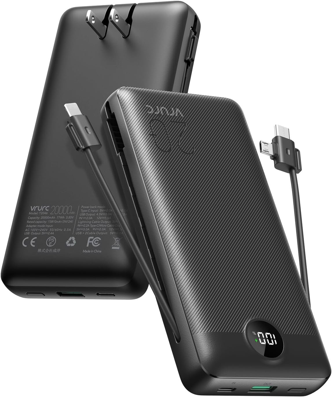 VRURC Portable Charger 20000mAh, Fast Charging Power Bank USB C,4 Output 2 Input Travel Essentials Charging Bank Equipped with LED Display,Built-in Wall Plug and Cables,Phone Charger Battery,Black