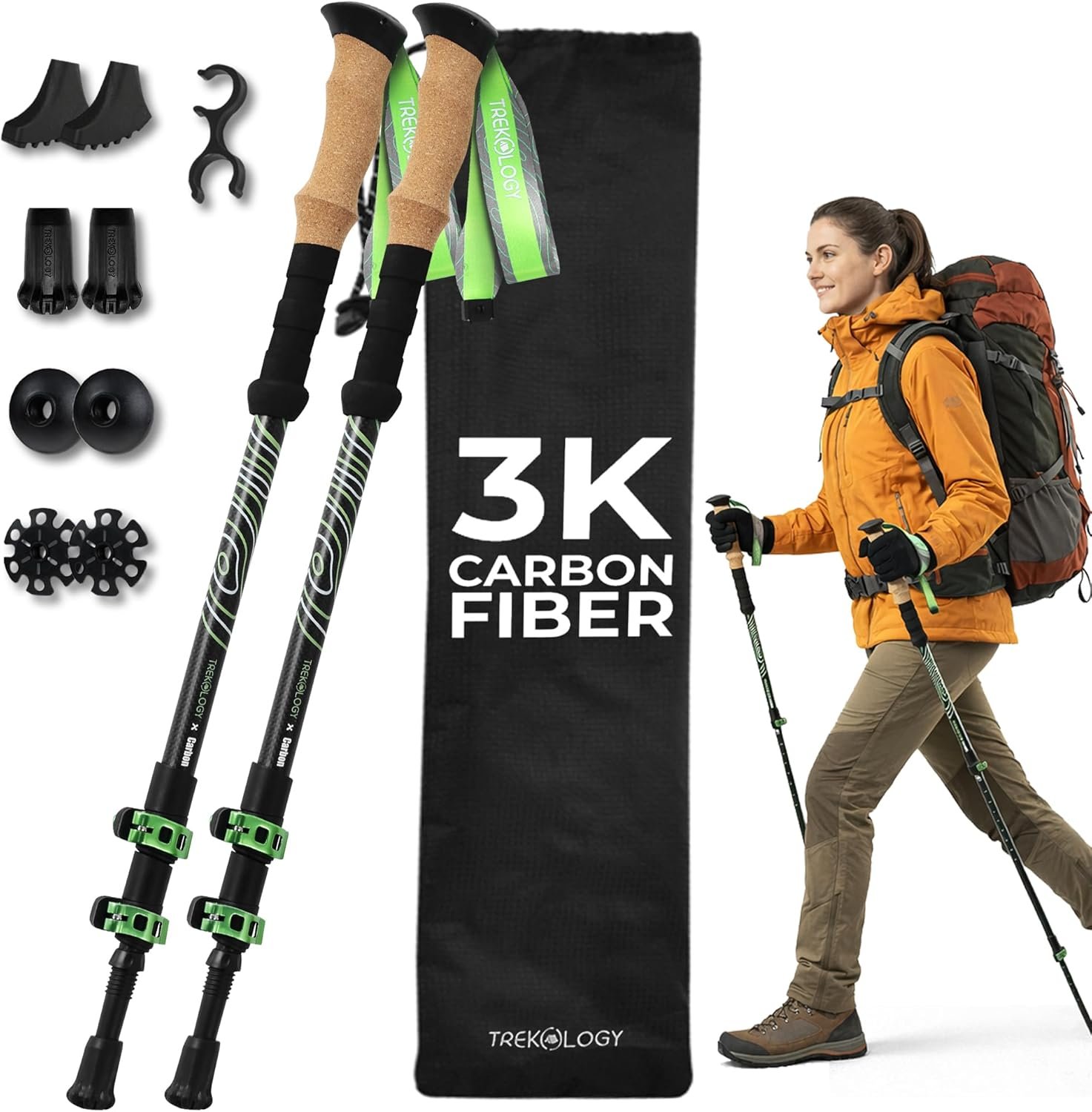 Trekology 3K Carbon Fiber Trekking Poles (210g) – Pair of Ultralight Hiking Poles with Cork Grips, Collapsible Telescopic Walking Sticks, Metal Flip-Locks & 10pc All-Terrain Accessory Kit