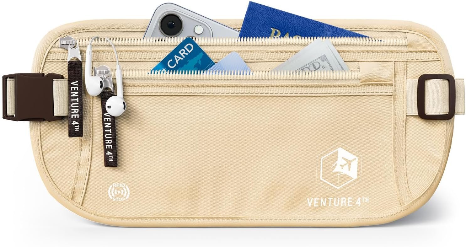 VENTURE 4TH Money Belt for Travel – Slim Hidden Under-Clothes RFID Blocking Anti-Theft Passport Holder & Travel Wallet Pouch for Men & Women to Protect Cash, Cards & Documents (Beige)