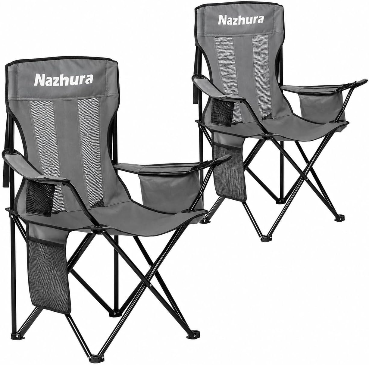 Nazhura 2 Pack Outdoor Camping Chairs Folding/Foldable/Portable with Cooler Pouch, Mesh Backrest and Cup Holder Pocket (Grey, Metal, 2 Pack)