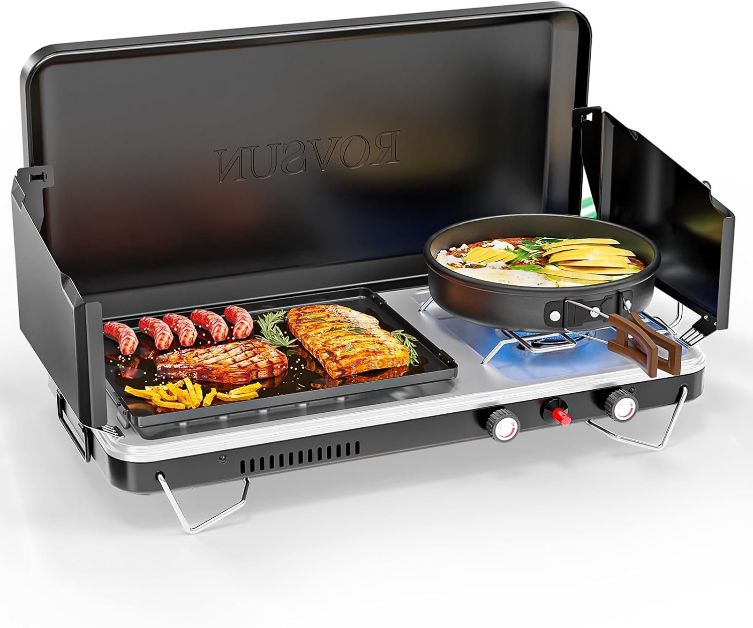 ROVSUN 2-in-1 Portable Camping Stove & Propane Grill with Enamel Griddle & Piezo Igniter, Tabletop Camp Stove with Built-in Handle, Wind Panel & Adapter for Outdoor Camping, Tailgating, Grilling