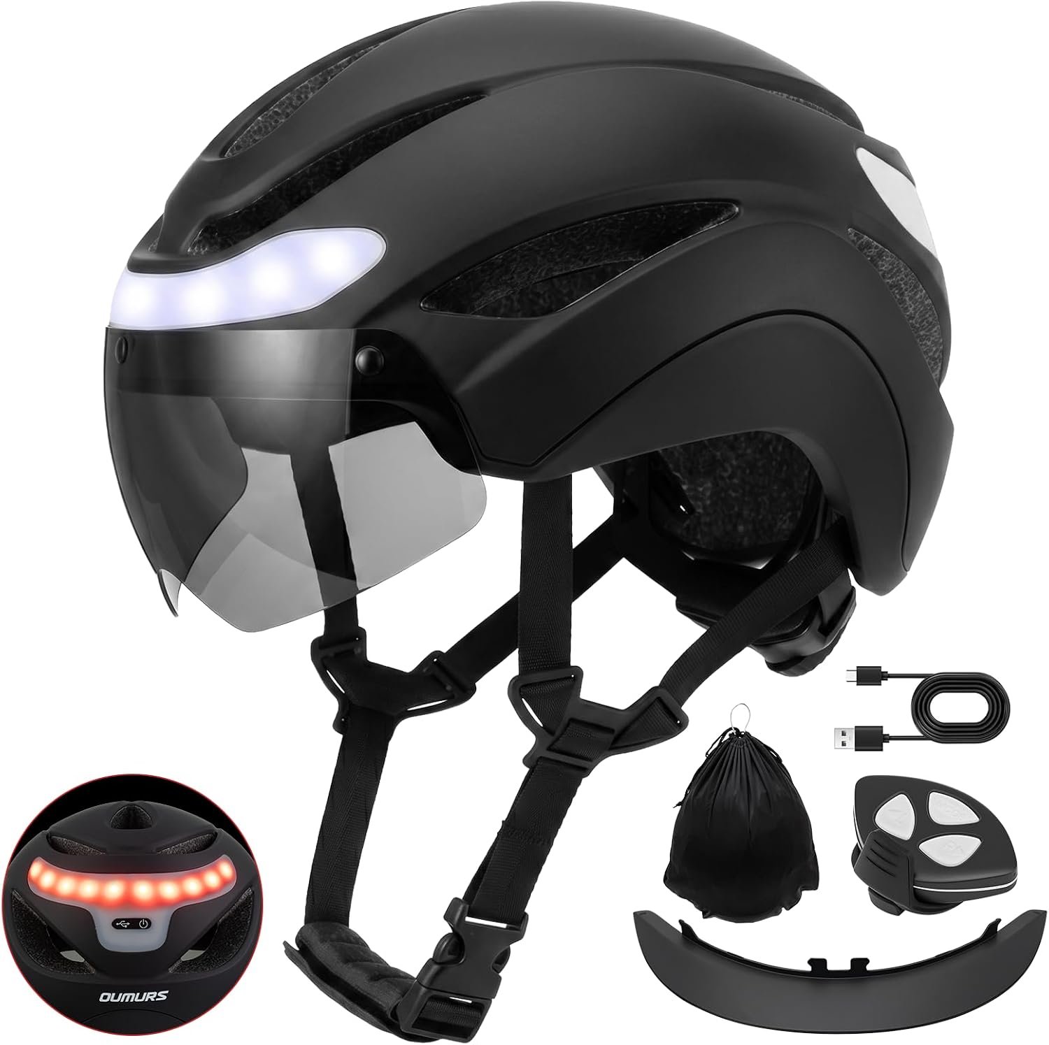 OUMURS Adult Bike Helmet, Bicycle Helmet with USB Rechargeable LED Turn Signal Lights & Magnetic Goggles Removable Visor