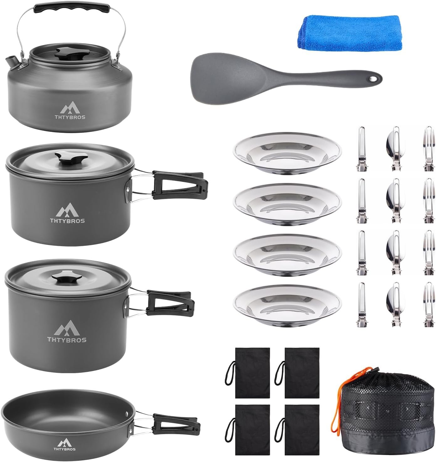 27pcs Camping Cooking Set for 2-4 People, Portable Cookware Set with Kettle, Pots & Pans, Stainless Steel Utensils, Plates, Dishware for Backpacking, Picnic, Outdoor Adventures
