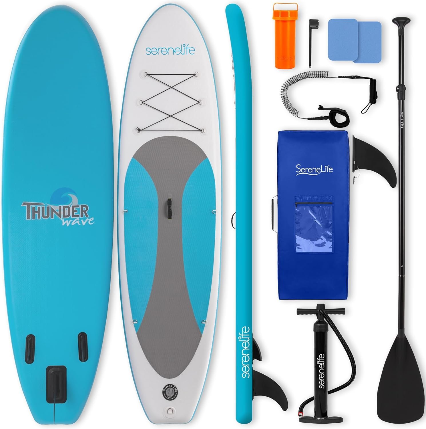 SereneLife 10’ Inflatable Stand Up Paddle Board with Premium SUP Accessories – Wide Stable Design with Non-Slip EVA Deck Pad, for Youth and Adults, 350 lbs. Capacity