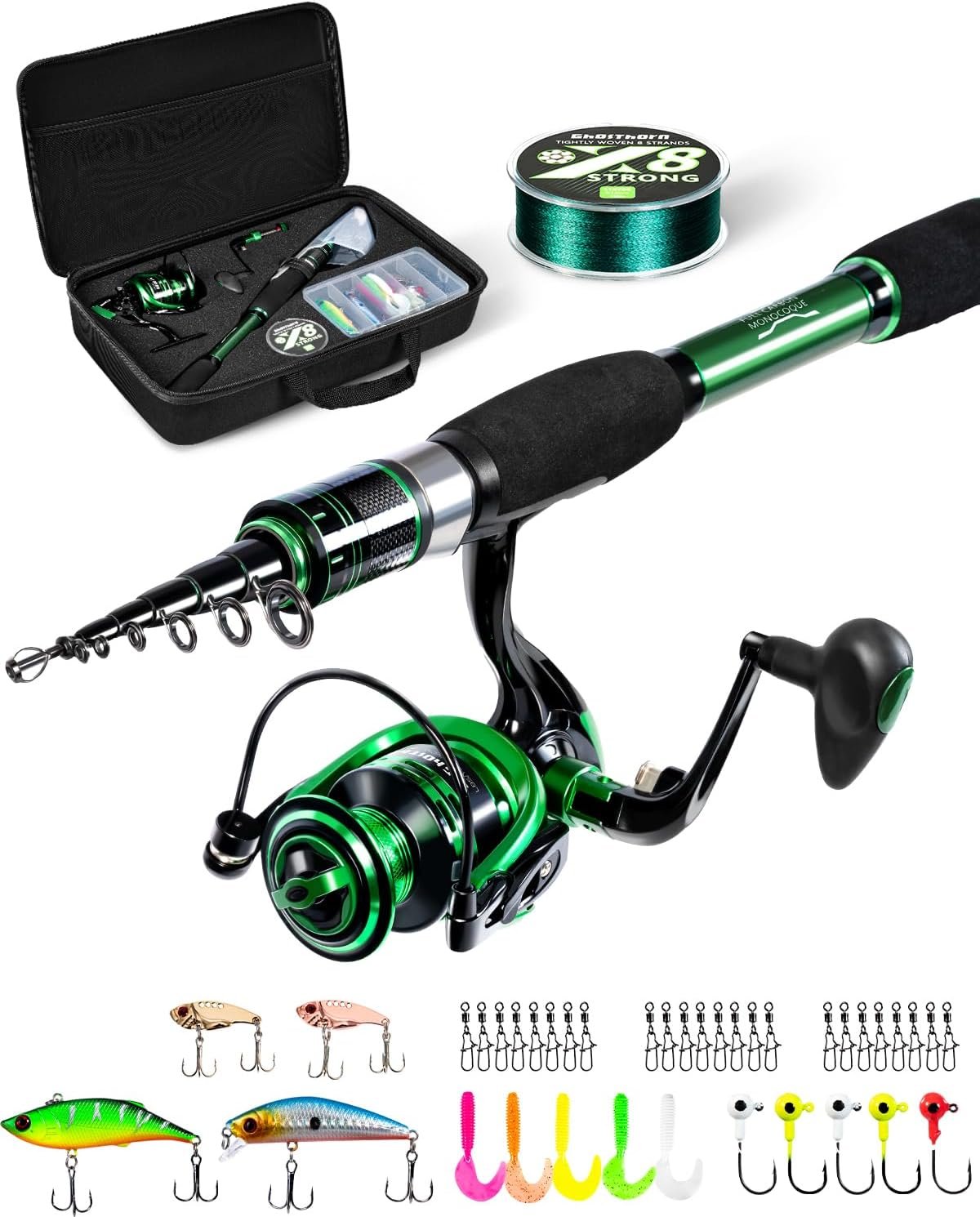 Ghosthorn Fishing Rod and Reel Combo Graphite Telescoping Fishing Pole Portable Travel Kit with Carrier Bag for Freshwater Saltwater