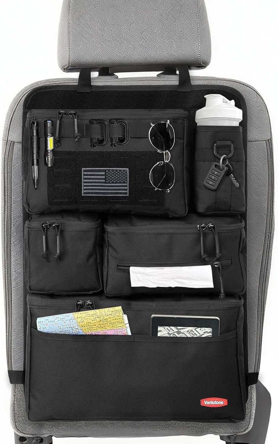 Tactical Seat Back Organizer – Heavy Duty MOLLE Panel Organizer with Multiple Pockets & Hook Loop Panel for EDC Gear, Road Trip Essentials, Universal Fit for Car SUV Truck Jeep Ford(Black)​