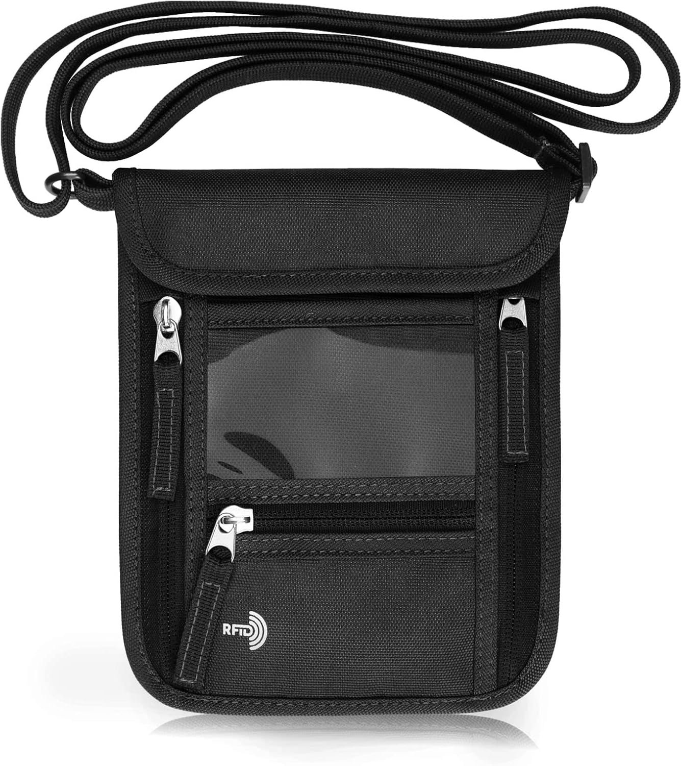WALNEW Passport Holder Neck Pouch Travel Wallet for Women and Men, RFID Blocking Security Slim Traveling Wallet with Around Neck Lanyard Strap, Black
