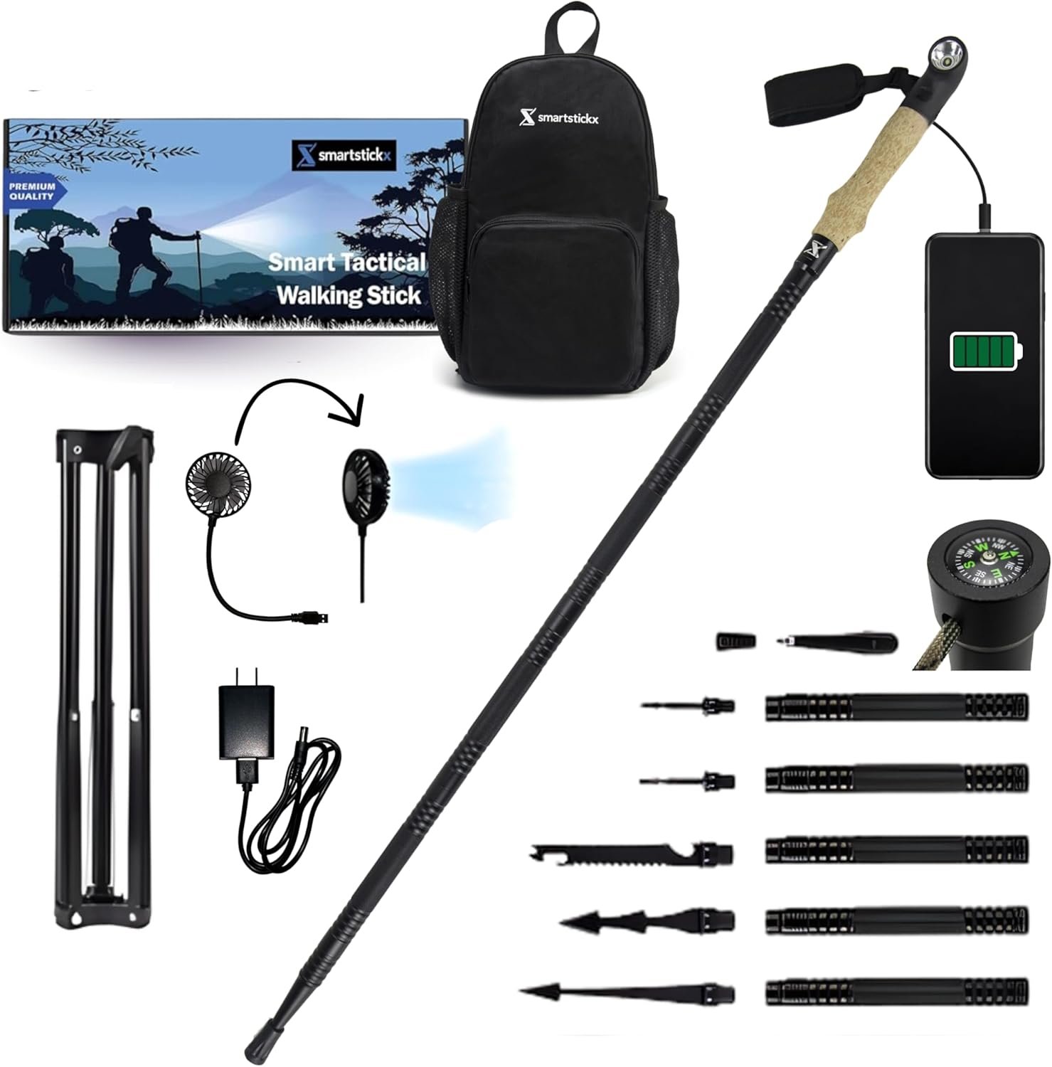SmartstickX Collapsible Tactical Walking Stick with LED Light, USB Charging, Cork Grip, and Heavy-Duty Survival Tools – Aircraft Aluminum Trekking Pole for Hiking, Camping, Outdoors