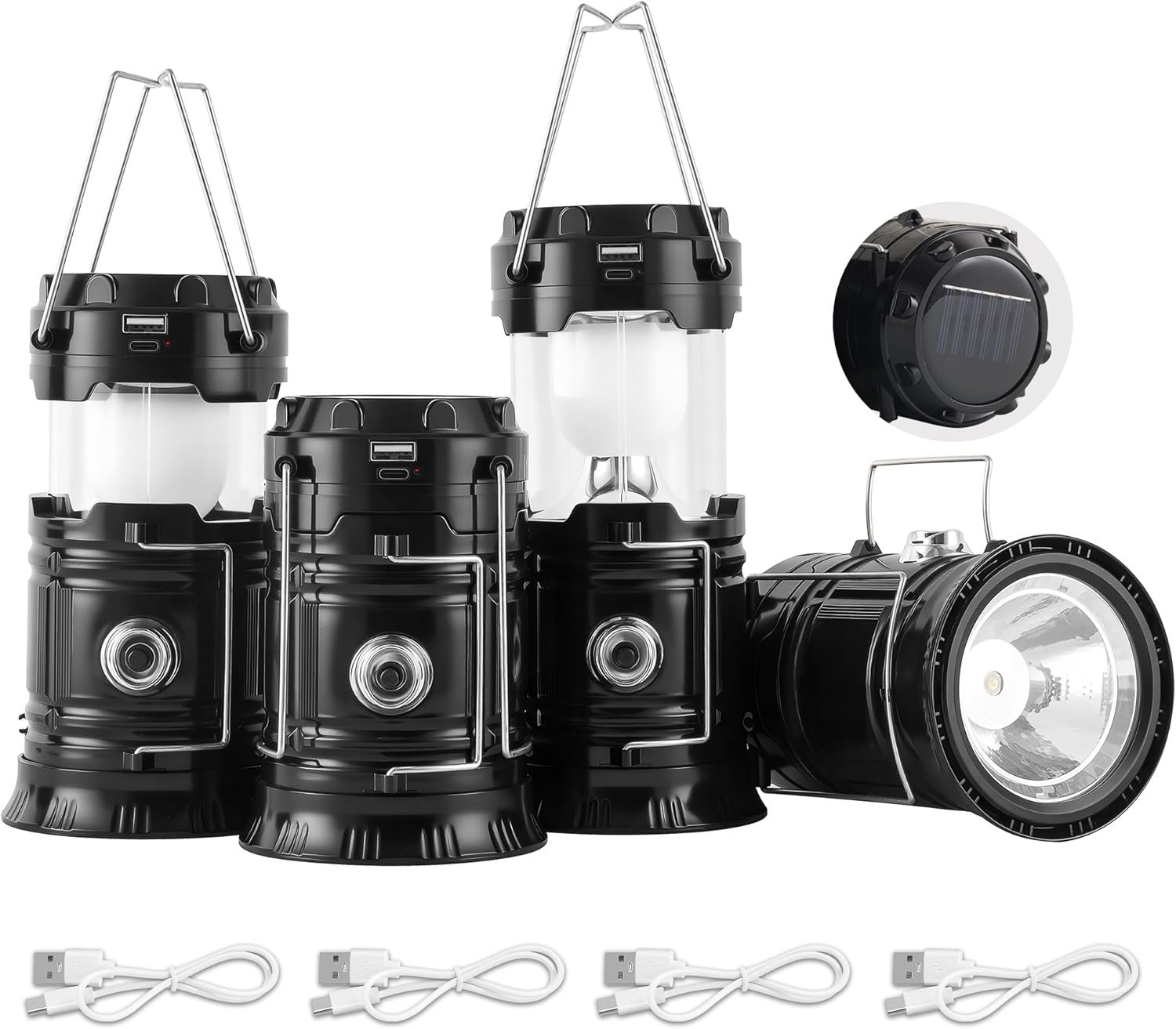 Lichamp Collapsible Portable Solar Camping Lantern, USB Rechargeable LED Flashlight – Survival Kits for Power Outages Hurricane Supplies Emergency, Indoor & Outdoor, 4-Pack