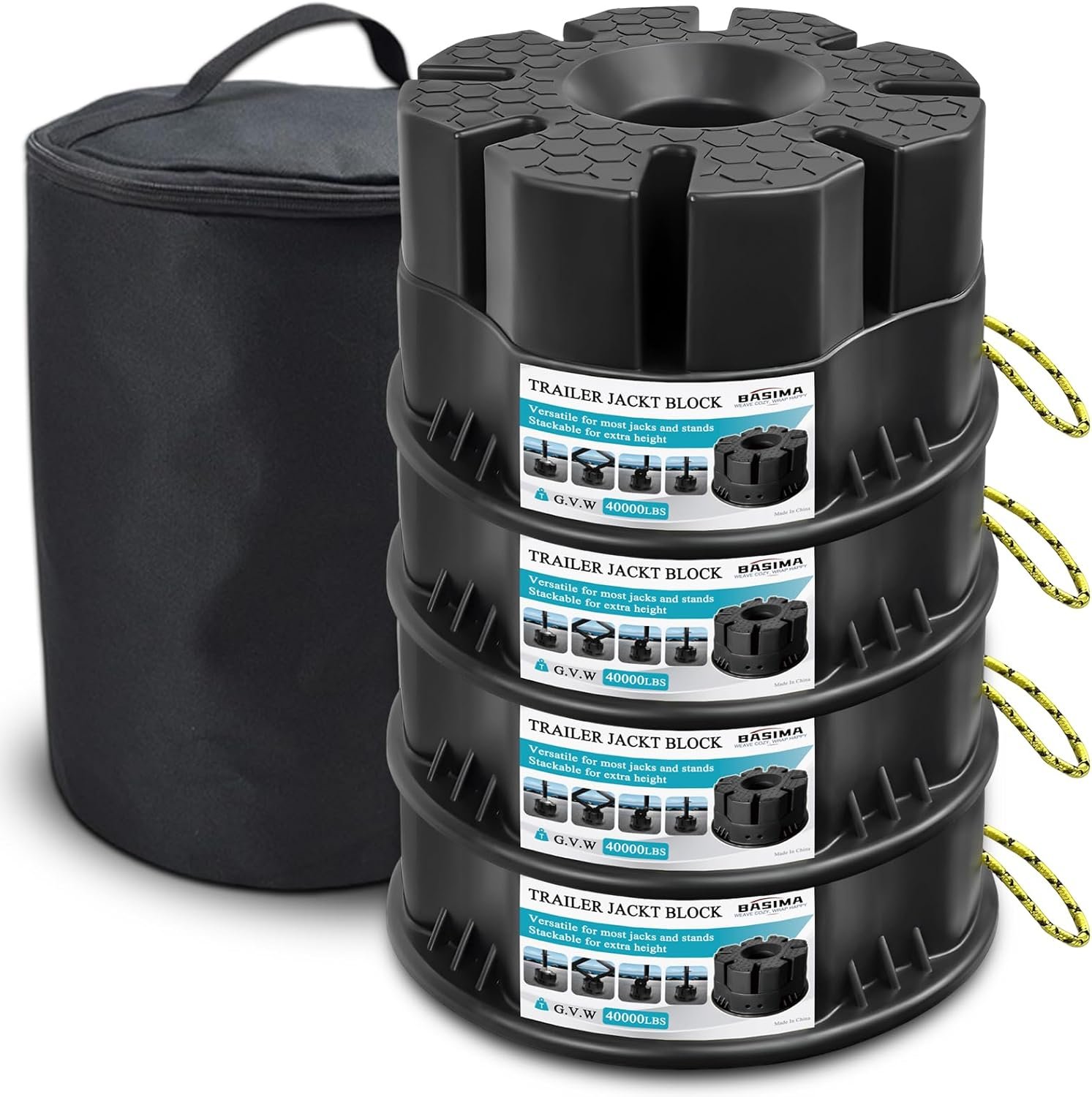 Trailer Jack Blocks Set of 4 – Basima RV Leveling Blocks, Heavy-Duty Universal-Fit Stackable 6″ RV Stabilizer Blocks for 5th Wheel, Camper, Travel Trailer, and Tongue Jacks with Carrying Bag, Black